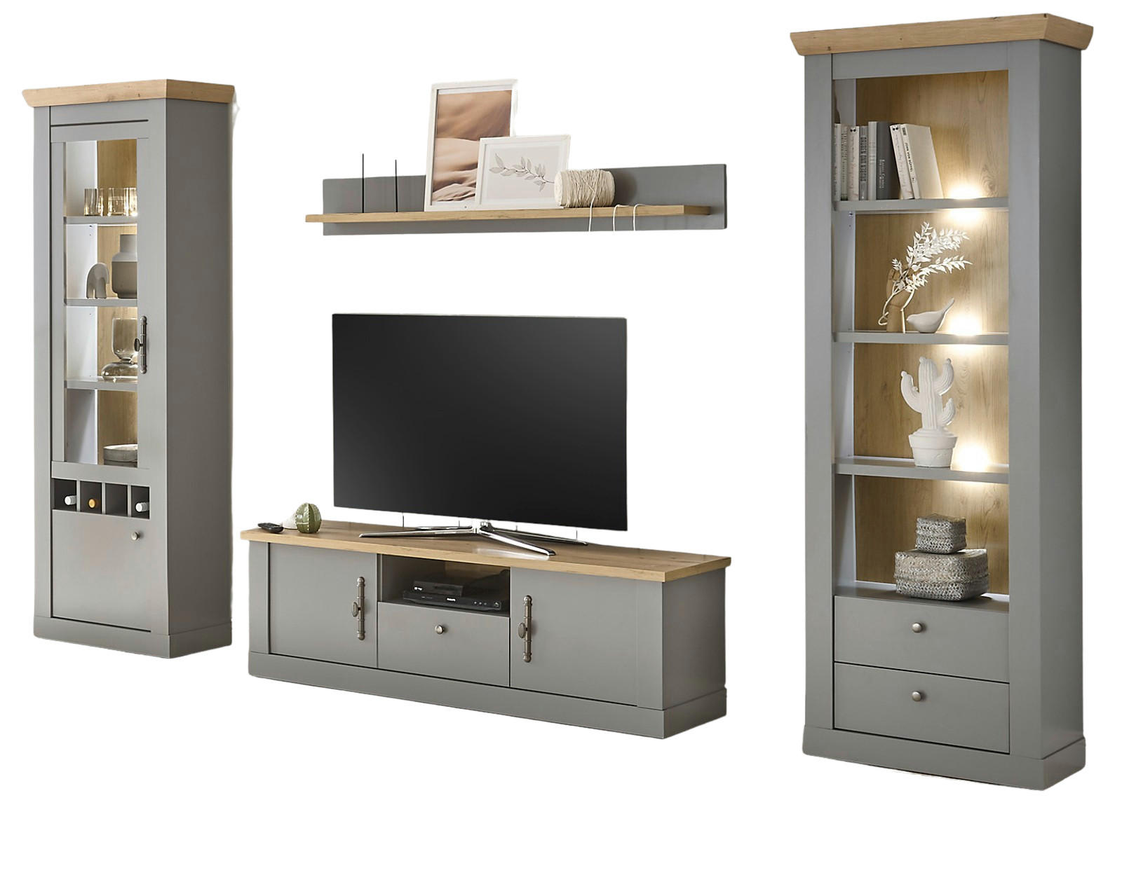 WOHNWAND grau, Artisan Eiche 4-teilig Landhaus, Wohnkombination mit viel Stauraum - Silberfarben/Hellgrau, Glas/Holzwerkstoff (317/201/44cm) - Furn.Design