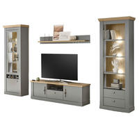 WOHNWAND grau, Artisan Eiche 4-teilig Landhaus, Wohnkombination mit viel Stauraum - Silberfarben/Hellgrau, Glas/Holzwerkstoff (317/201/44cm) - Furn.Design