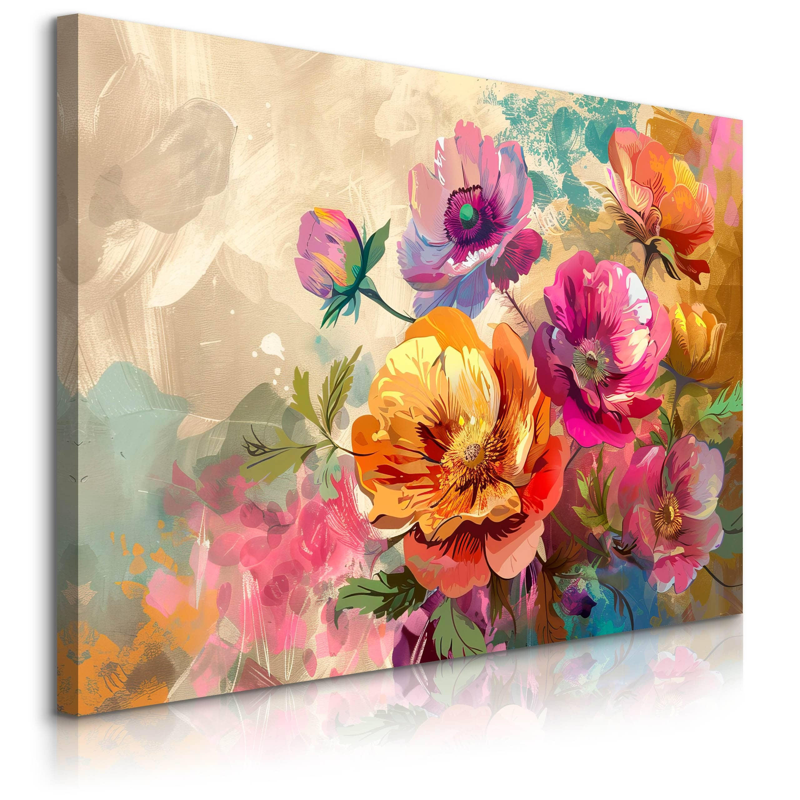 LEINWANDBILD für Wohnzimmer bunte Blumen Blätter Natur 120cm x 80cm - Blau/Beige, Textil (120/80cm) - Muralo