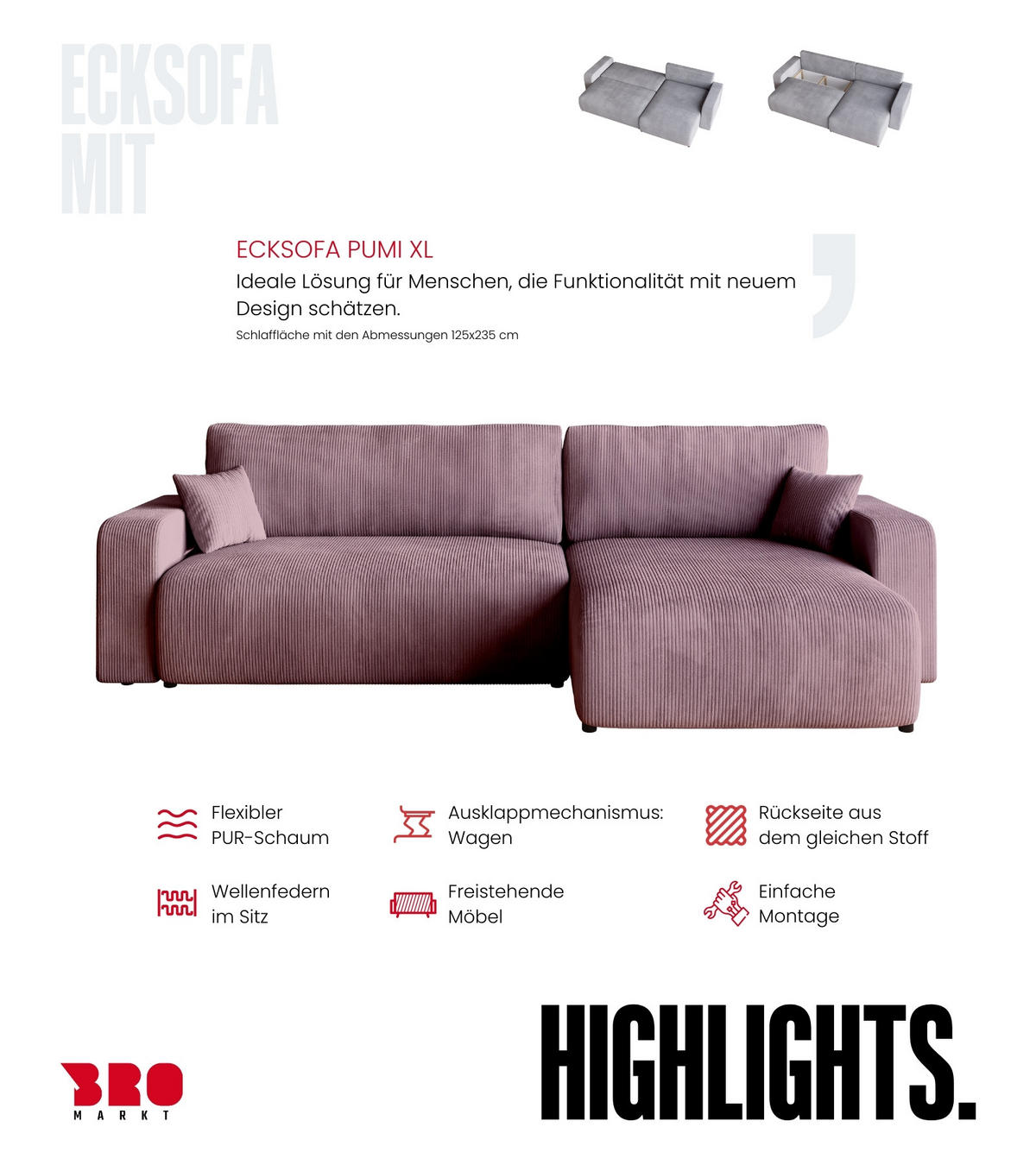 ECKSOFA PUMI XL mit Schlaffunktion Puderrosa Cord - Rosa, Textil (274/148cm) - Bromarkt