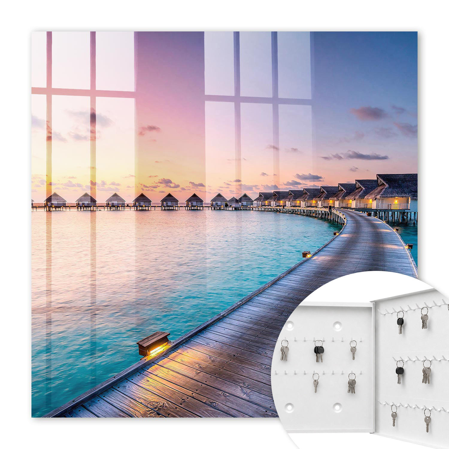SCHLÜSSELBOX Weiß 30x30 cm – Türöffnung nach rechts - Friedlicher Sonnenuntergang - Blau, Metall (30/30/5cm) - TULUP