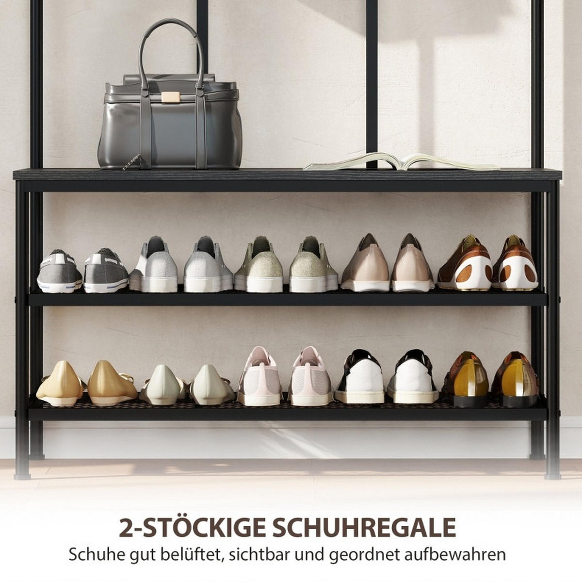 GARDEROBE Schwarz aus Metall mit Sitzbank - Schwarz, Metall (36/180/91cm) - OKMYHOME