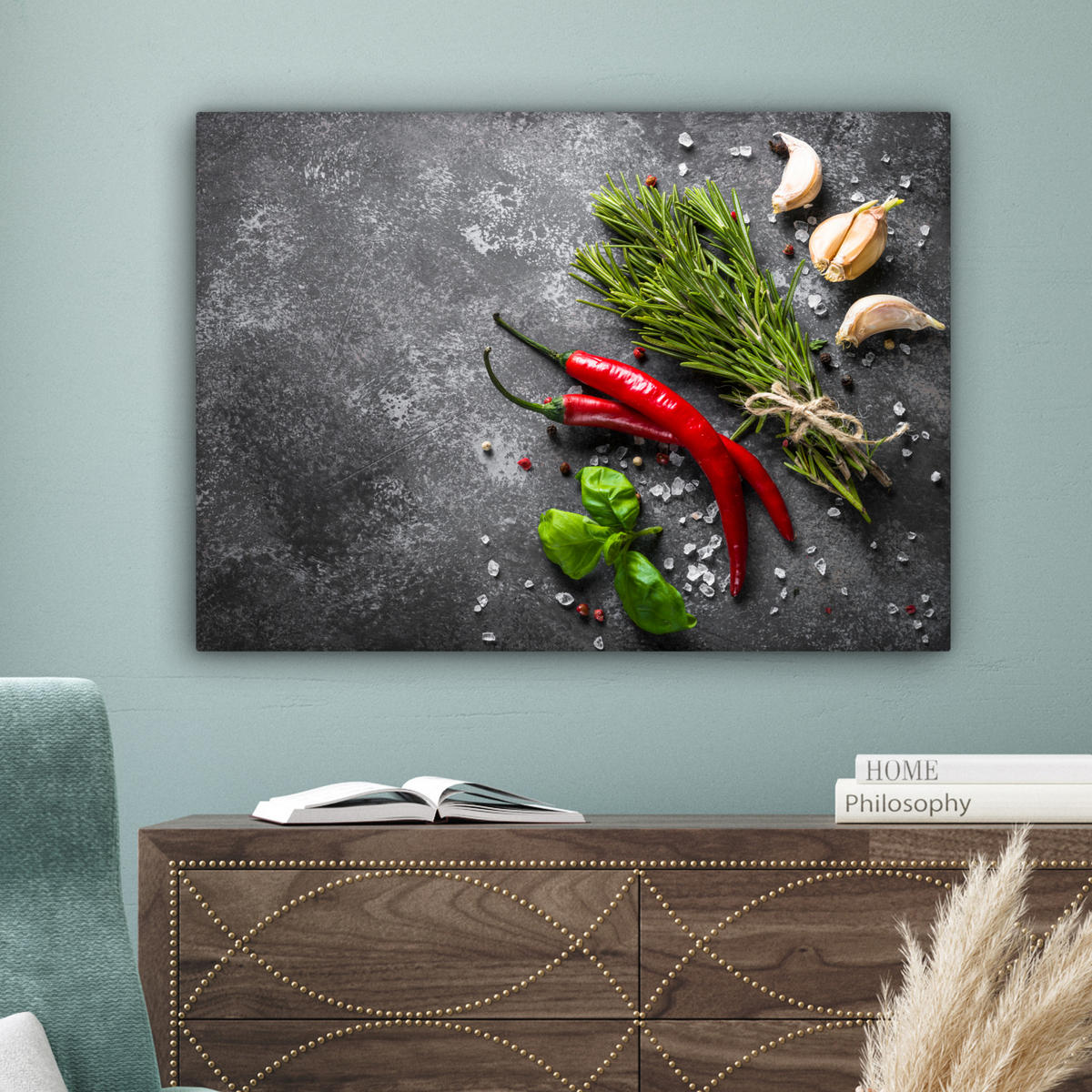 LEINWANDBILD Pfeffer - Kräuter - Gewürze - Beton Wandbilder 80x60 cm - Dunkelgrau, Textil (80/60cm) - MuchoWow