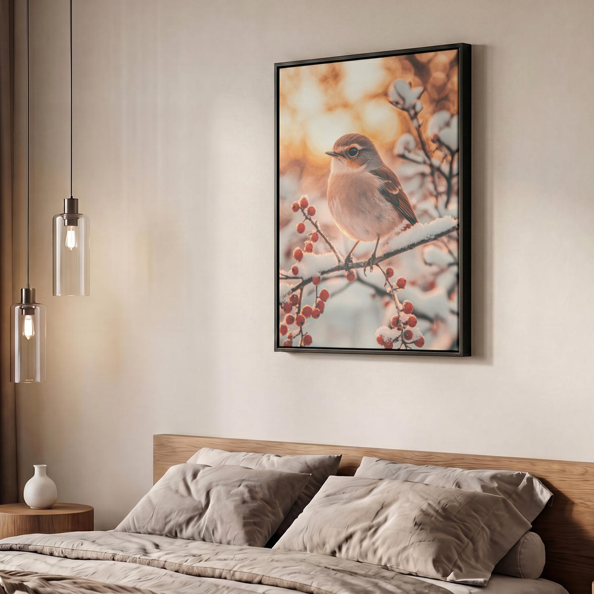 LEINWAND Bilder mit Rahmen - Vogel - Zweig - Winter - Tiere - Schnee - 60x80 - Bernsteinfarben, Textil (60/80cm) - MuchoWow