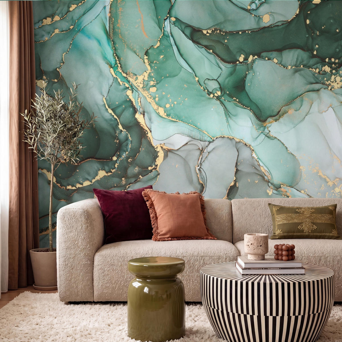 TAPETE - Gold - Marmor - Grün - Luxus - Marmoroptik - Grau - 240x200 cm - Grün, Papier (240/200cm) - OnlyWow