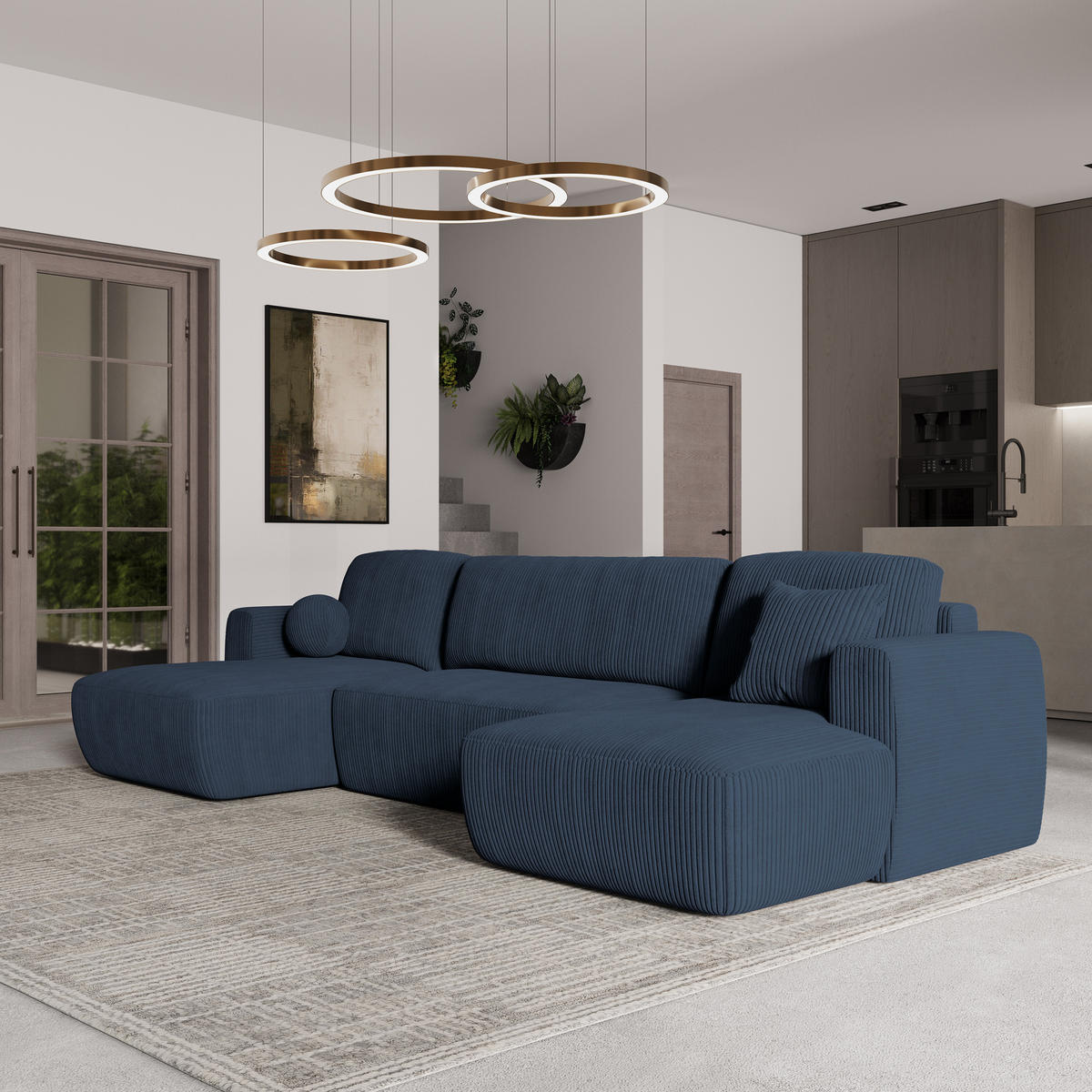 WOHNLANDSCHAFT SENTUM P Blau Kordstoff mit Schlaffunktion - Blau, Holz (330/90/148cm) - MASSENO