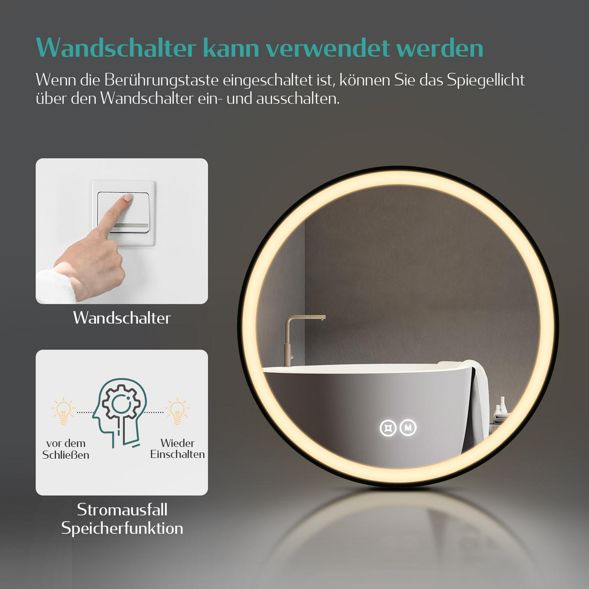 BADSPIEGEL Rund mit Touch-Schalter Beleuchtung mit Hängeriemen Schwarz ф70 cm - Schwarz, Glas (70/3/70cm) - EMKE