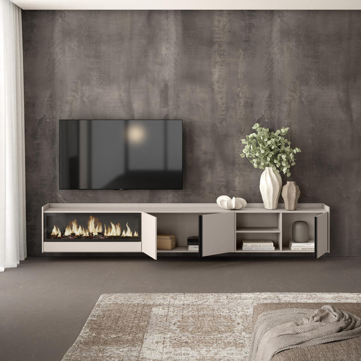 LOWBOARD, Beige, 315/35/50cm, Kamin mit Feuereffekt XXL - Beige, Holzwerkstoff (315/50/35cm) - Skraut Home