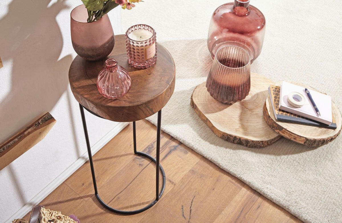 BEISTELLTISCH Massivholz Metallgestell Baumstammplatte Landhausstil INDI, Braun 28x28x55 cm - Schwarz/Braun, Holz/Metall (28/28/55cm) - KADIMA DESIGN