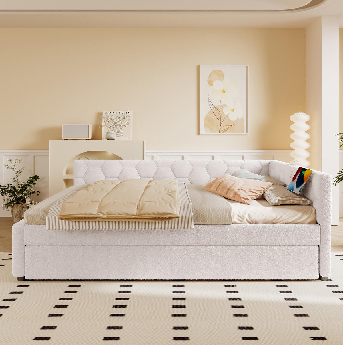 TAGESBETT 140/200 cm mit Ausziehbett, USB- und USB-C-Anschluss, Nachttischlampe und Vliesimitat, Weiß - Weiß, Textil (140/200cm) - Redom