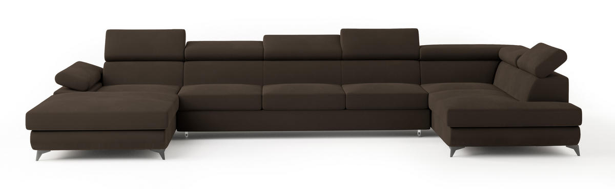 WOHNLANDSCHAFT MONTIVA Braun Velours-Stoff mit Schlaffunktion - Braun, Holz (410/89/190cm) - MASSENO