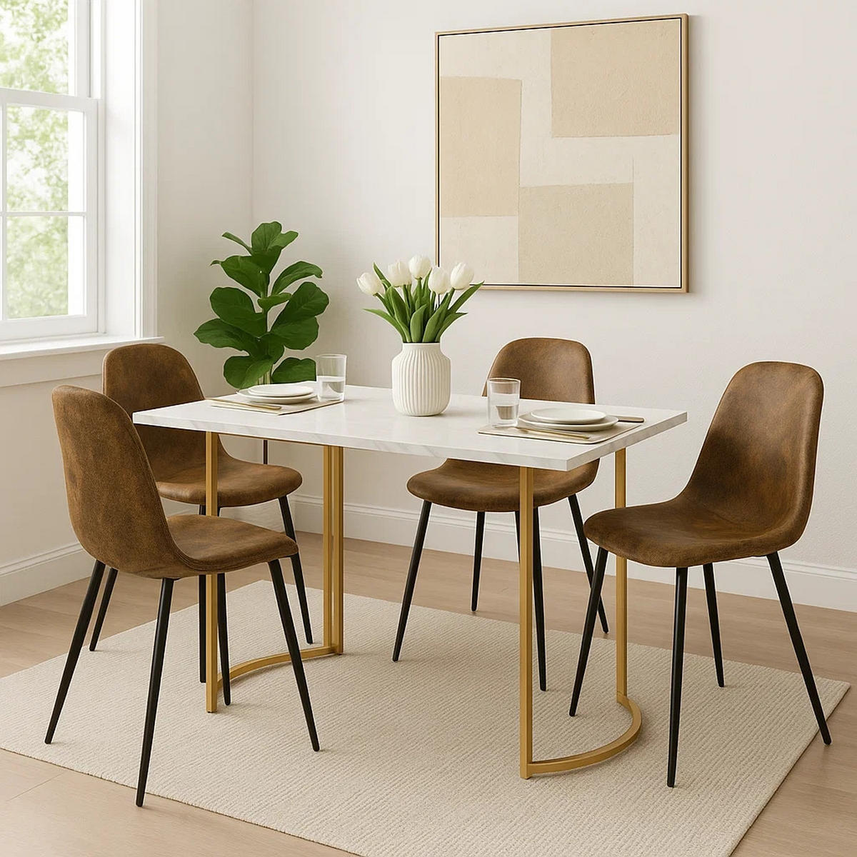 ESSTISCH SET mit Marmor-Effekt Tisch & 4 braunen Stühlen - Braun, Holzwerkstoff/Textil (140/75/80cm) - Urban Meuble