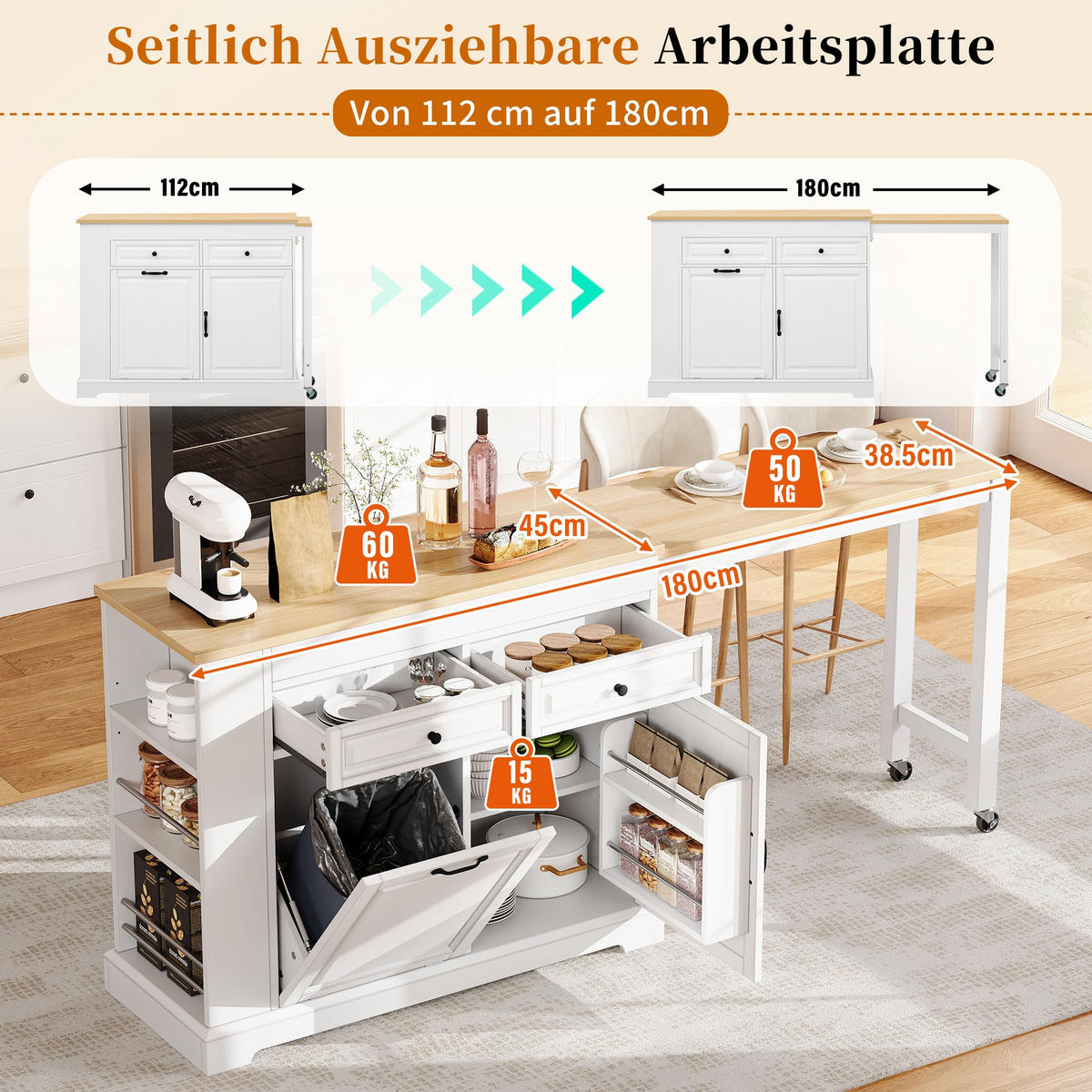 KÜCHENINSEL 112-180/45.2/92 cm Weiß mit 2 Schubladen, Abfallbehälterfach und Rollen - Weiß, Holz (45/92/116cm) - Oxeza