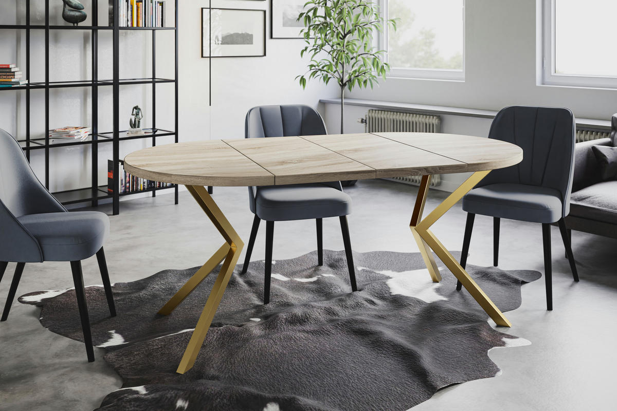 ESSZIMMERTISCH LOFT LITEN, ausziehbarer Tisch 120 cm/200 cm, Farbe: Beige, mit Metallbeinen in Farbe Gold - Goldfarben/Sonoma Eiche, Holzwerkstoff (120/120/76cm) - Alpi-Möbel