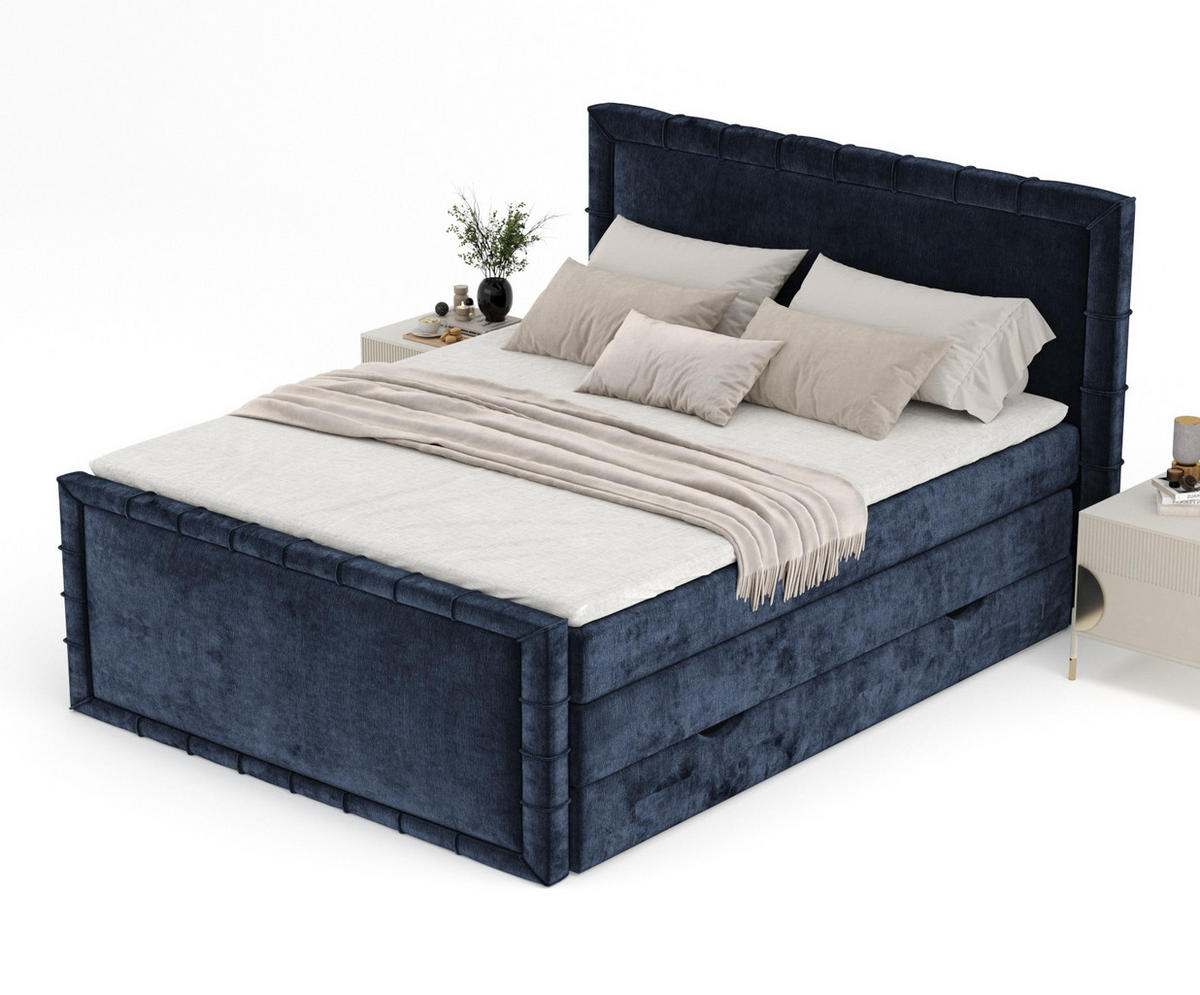 BOXBETT Estelle Marineblau 180/200 cm im Chenille-Stoff - Schwarz/Dunkelblau, Holz/Holzwerkstoff (180/200cm) - Maison de Reve