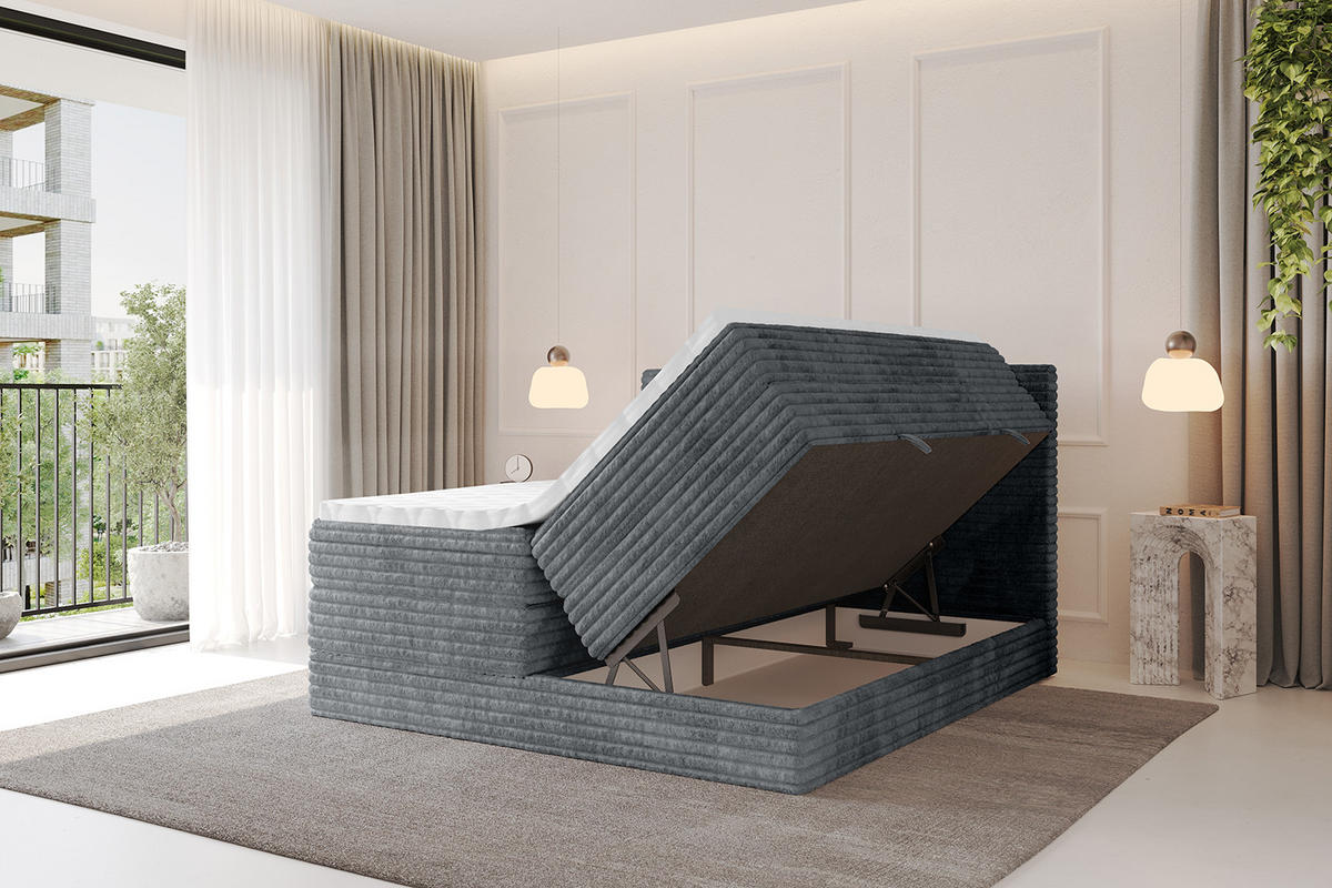 BOXSPRINGBETT mit Matratze H3|H4 und Lattenrost - TOLO KING-v1 160x200 Cord - Dunkelgrau - Dunkelgrau, Holzwerkstoff (160/200cm)