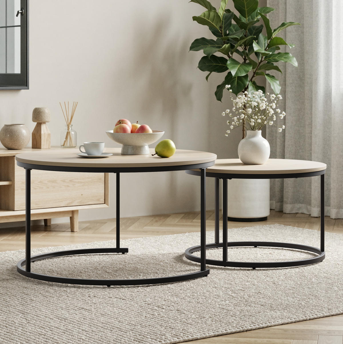 COUCHTISCH 80/80/45 cm in Eichefarben mit Metallgestell, 2-teilig verschachtelbar - Eichefarben, Metall (80/80/45cm) - BEAOK