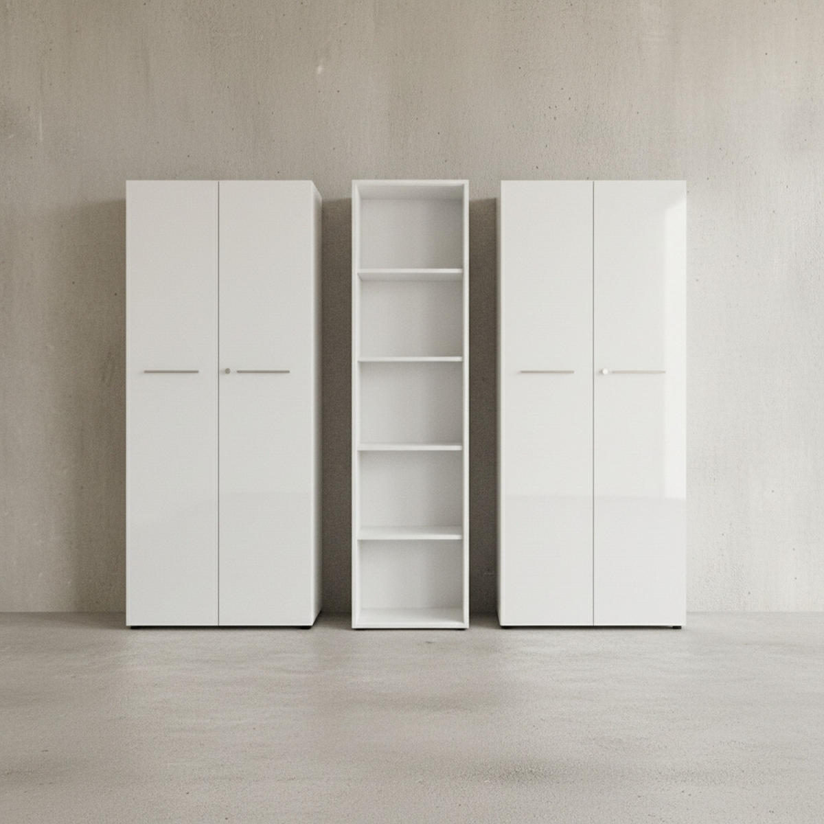 BÜRO-SET MUENCHEN 3-teilig weiß | 240cm breit Glasfront | 2 Schrank Abschließbar & Regal - Weiß, Holzwerkstoff/Metall (240/196/37cm) - KADIMA DESIGN