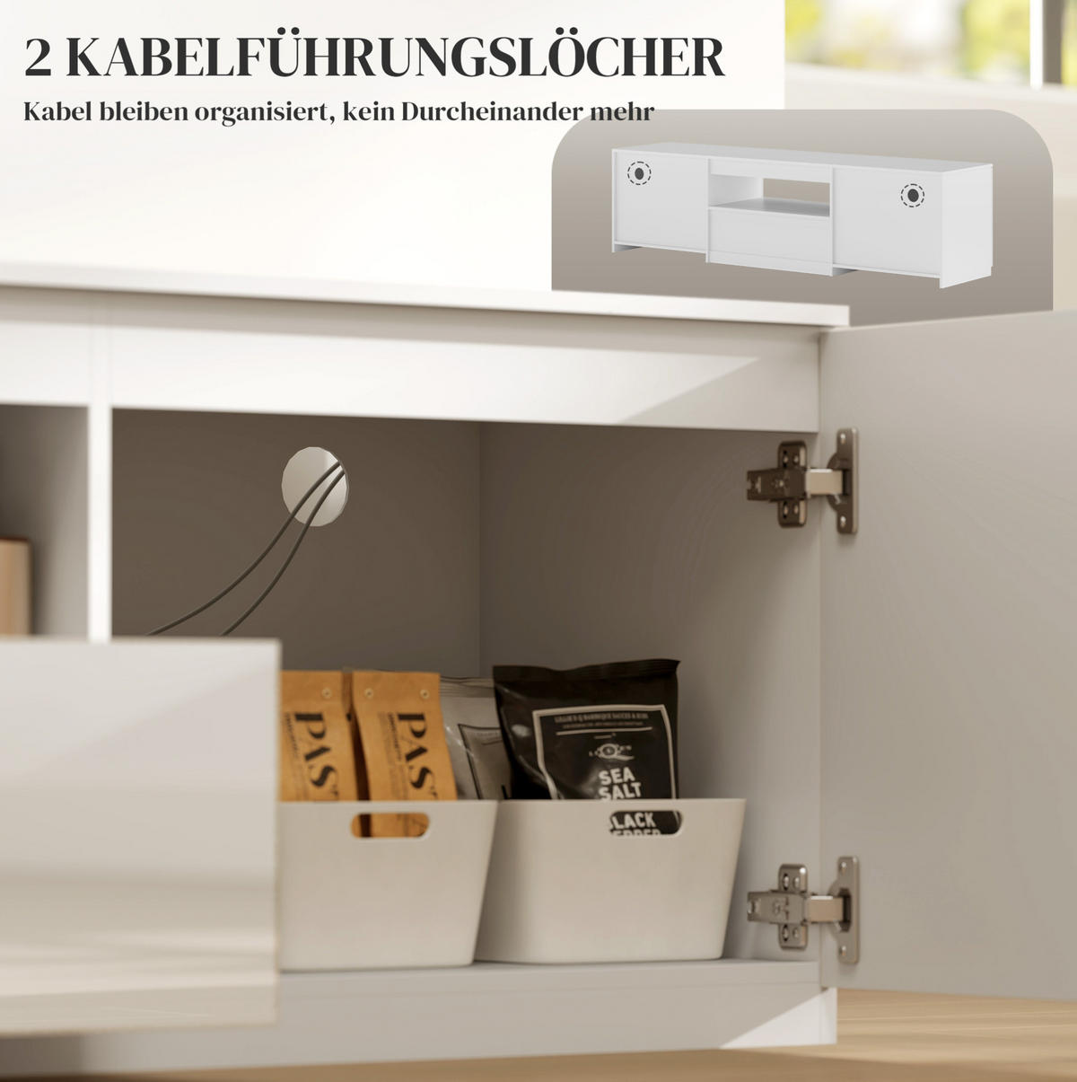 TV-LOWBOARD aus Holz 160x38x43 cm Weiß mit 2 Türen, Schublade, offenem Fach und Kabelmanagement - Weiß, Holzwerkstoff (160/43/38cm) - Modfu
