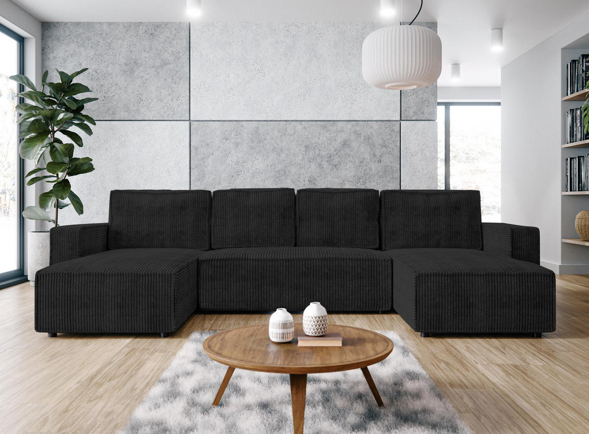 WOHNLANDSCHAFT Aydin U Form Dunkelgrau 338/169/85 cm Cord mit Schlaffunktion - Dunkelgrau/Schwarz, Kunststoff/Textil (338/85/169cm) - AX Living