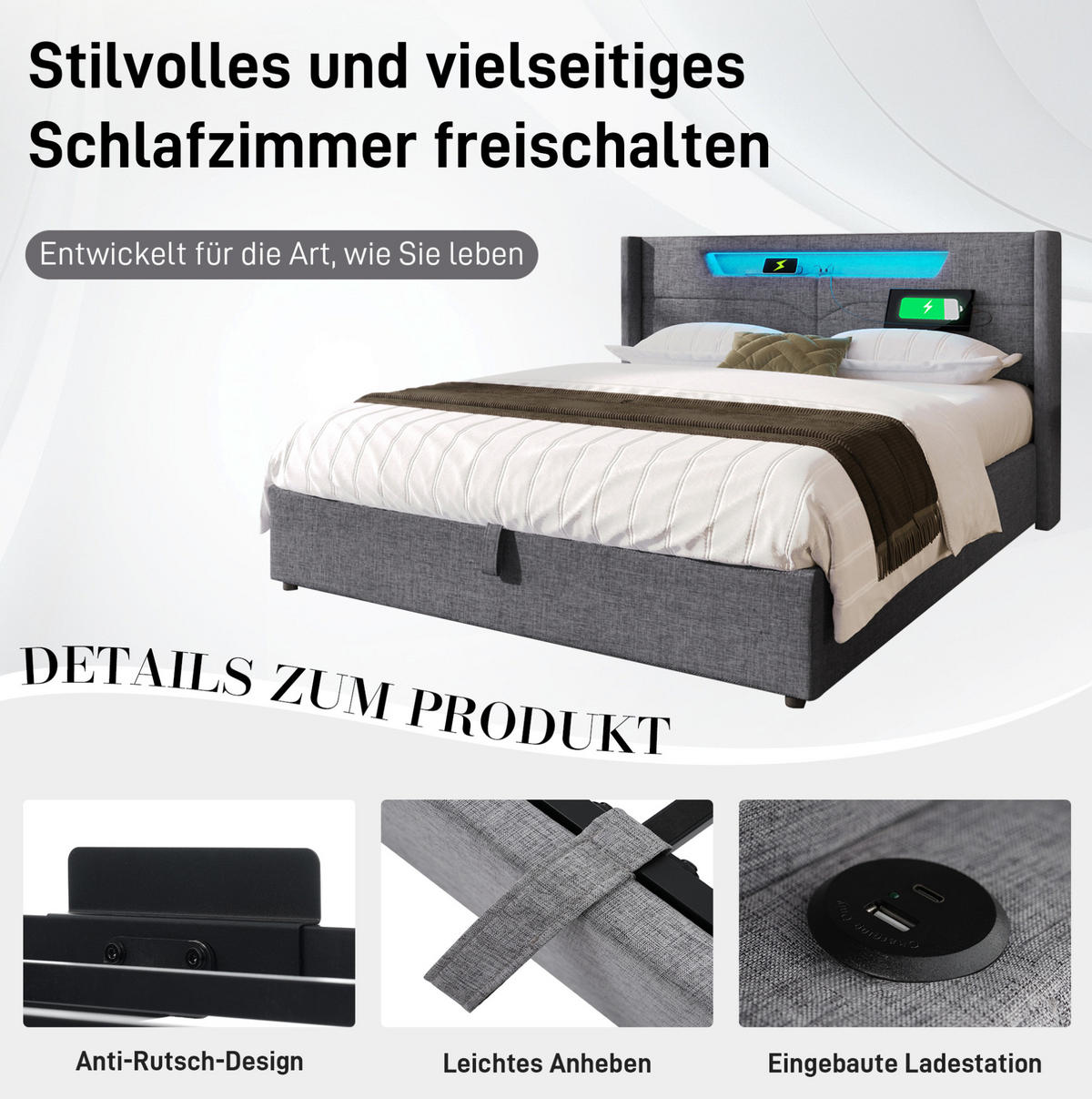POLSTERBETT mit LED-Beleuchtung 140/200 cm mit Bettkasten und USB/Type-C - Grau, Textil (140/200cm) - BEAOK