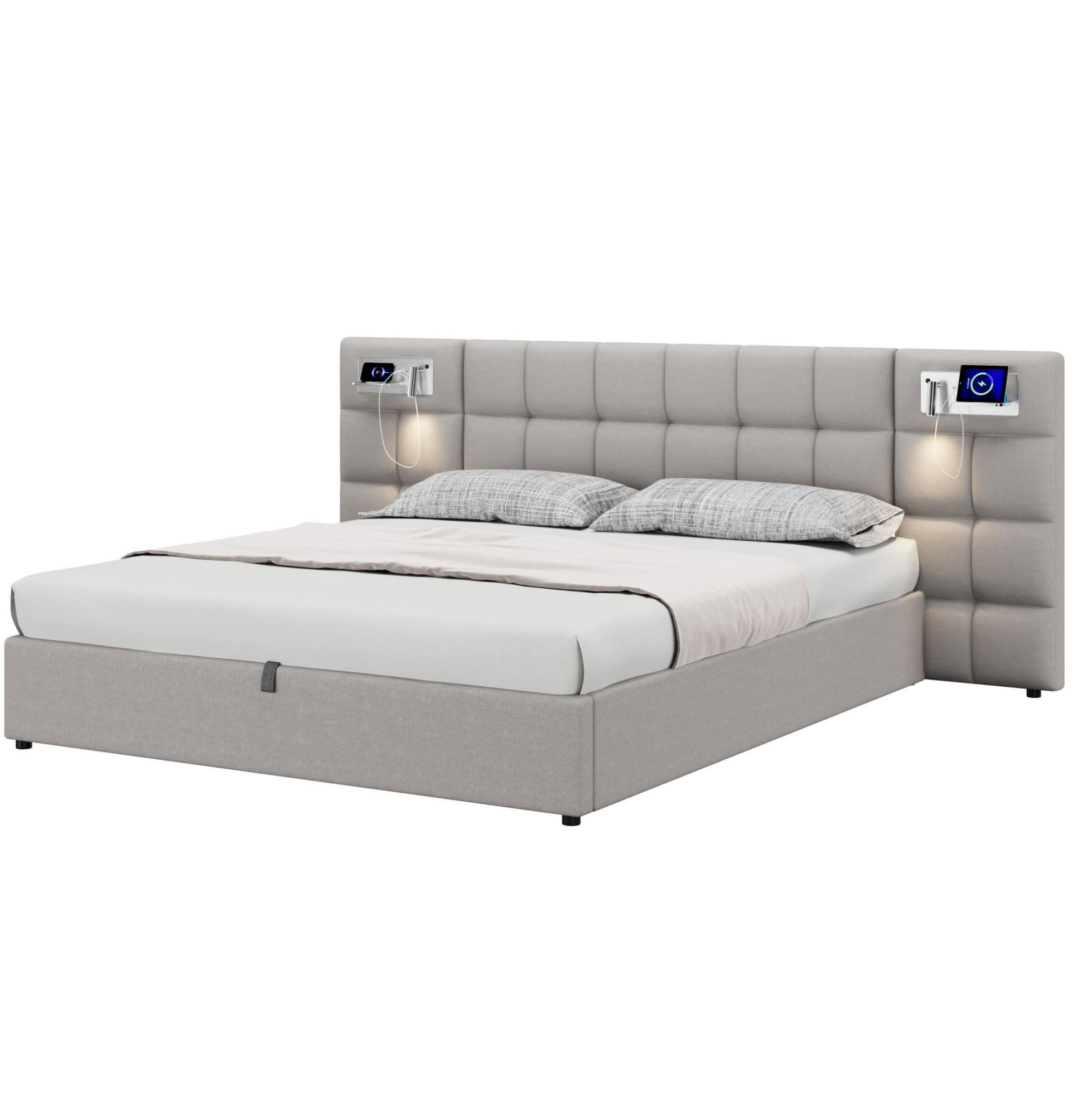 Modfu ČALOUNĚNÁ postel z lnu 180x200 cm šedá s USB portem, bezdrátovým nabíjením, osvětlením a hydraulickým úložným prostorem