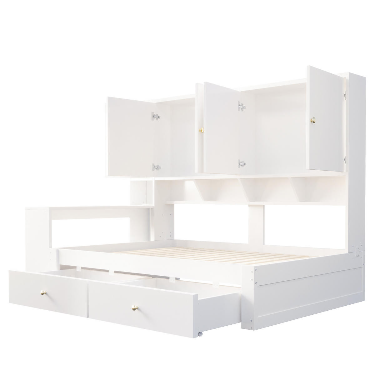 STAURAUMBETT 90/200 cm mit Schreibtisch, LED und Schubladen, DE-41644, in Weiß - Weiß, Holzwerkstoff (90/200cm) - ComfortXL