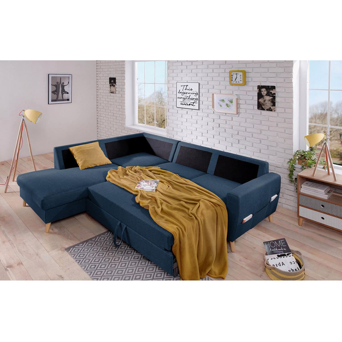 ECKSOFA mit Ottomane - Webstoff - Hellbraun/Blau, Holz/Textil (230/200cm) - home24