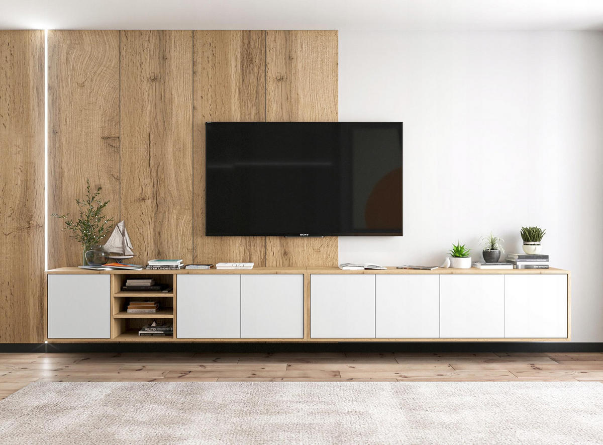 TV-LOWBOARD 2-er Set Apollo Eiche wotan Weiß Matt 150 cm - Weiß, Holzwerkstoff (300/39/35cm) - Meble Lindner