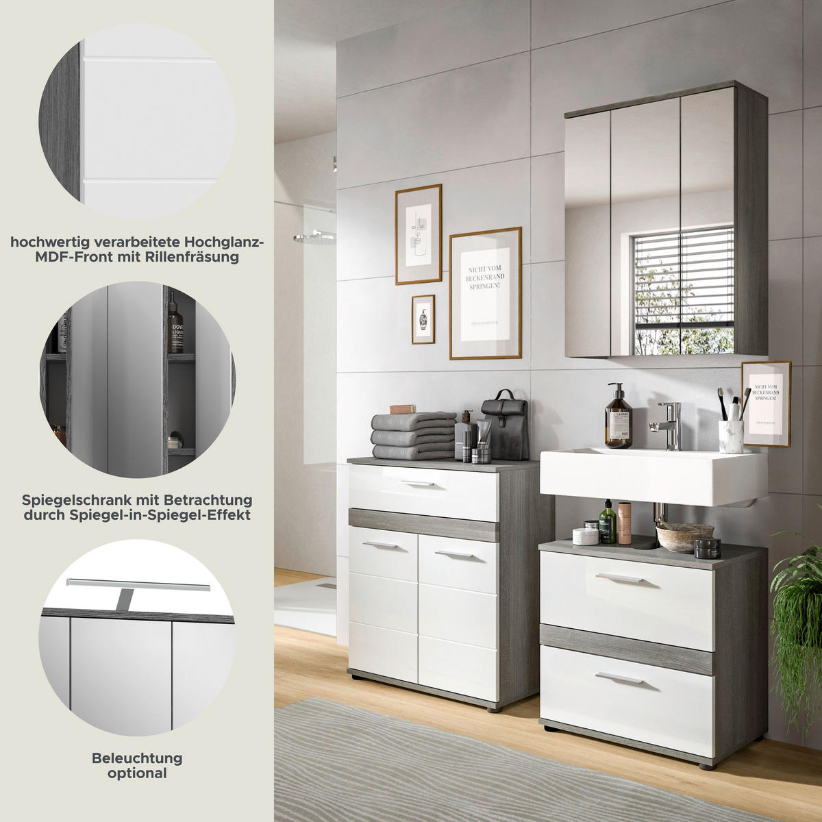 BADKOMBINATION 2tlg. Blake Bad in Rauchsilber Nachbildung und weiß hochglanz B/H/T: 146x191x34 cm - Anthrazit, Holz (146/191/34cm)