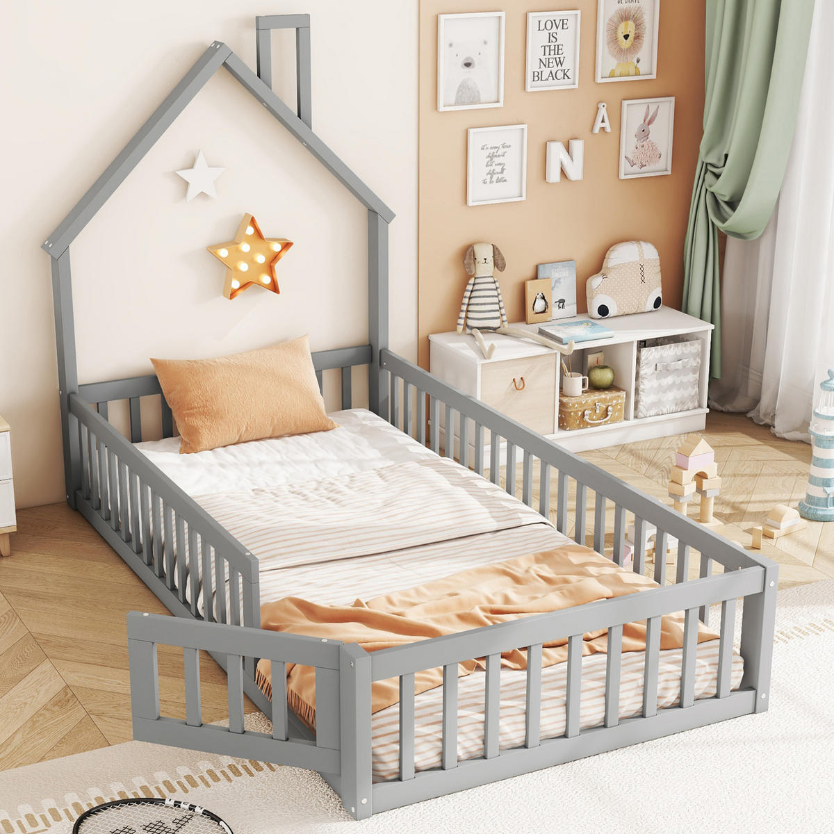 HAUSBETT Schornsteinform 90/200 cm, Grau mit Sicherheitsgitter - Grau, Holz (90/200cm) - MIVRAY