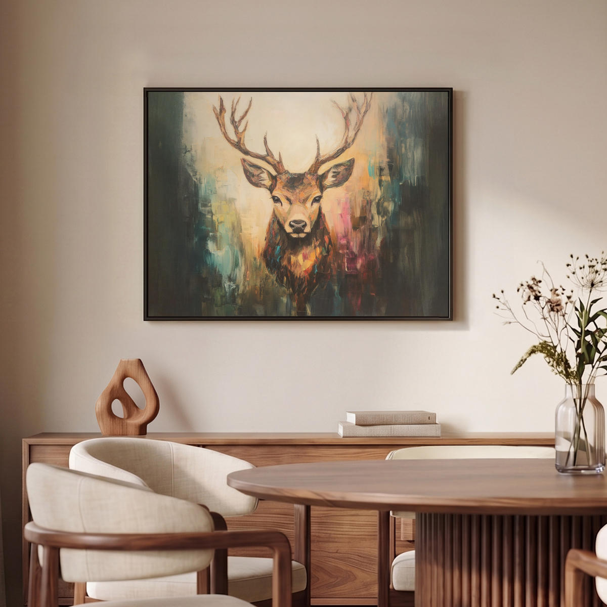 LEINWAND Bilder mit Rahmen - Hirsch - Gemalt - Geweih - Braun - 70x50 - Haselnussfarben, Textil (70/50cm) - MuchoWow