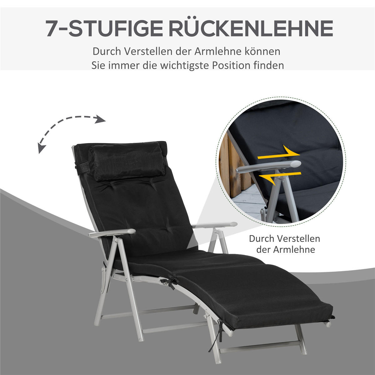 LIEGESTUHL faltbar 7-fach verstellbar mit Kissen schwarz - Schwarz, Metall (63.5/100.5/137cm) - Kaket