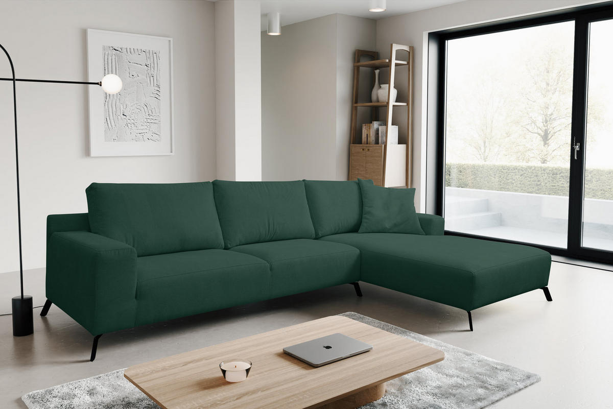 ECKSOFA Aspen in L-Form, Coach Farbe: Grün, Velourstoff, Ottomane Rechts - Grün, Textil (312/187cm) - VENASI MÖBEL