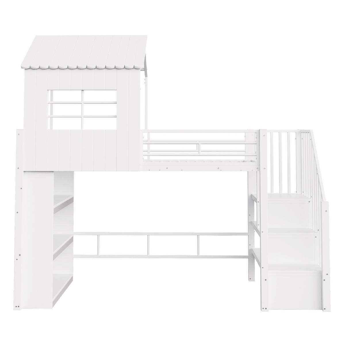 HOCHBETT aus MDF und Metall 90x200 cm Weiß mit Stauraumtreppe, Regal und großem Unterbettbereich - Weiß, Holzwerkstoff (90/200cm) - Modfu