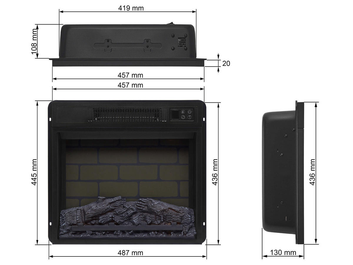 EINBAU-ELEKTROKAMINEINSATZ AF18B – Breite 58 cm, 3D-Flammeneffekt, LED-Beleuchtung, Heizfunktion - Schwarz, Glas/Metall (48.7/44.5/13cm) - ArtiFlame