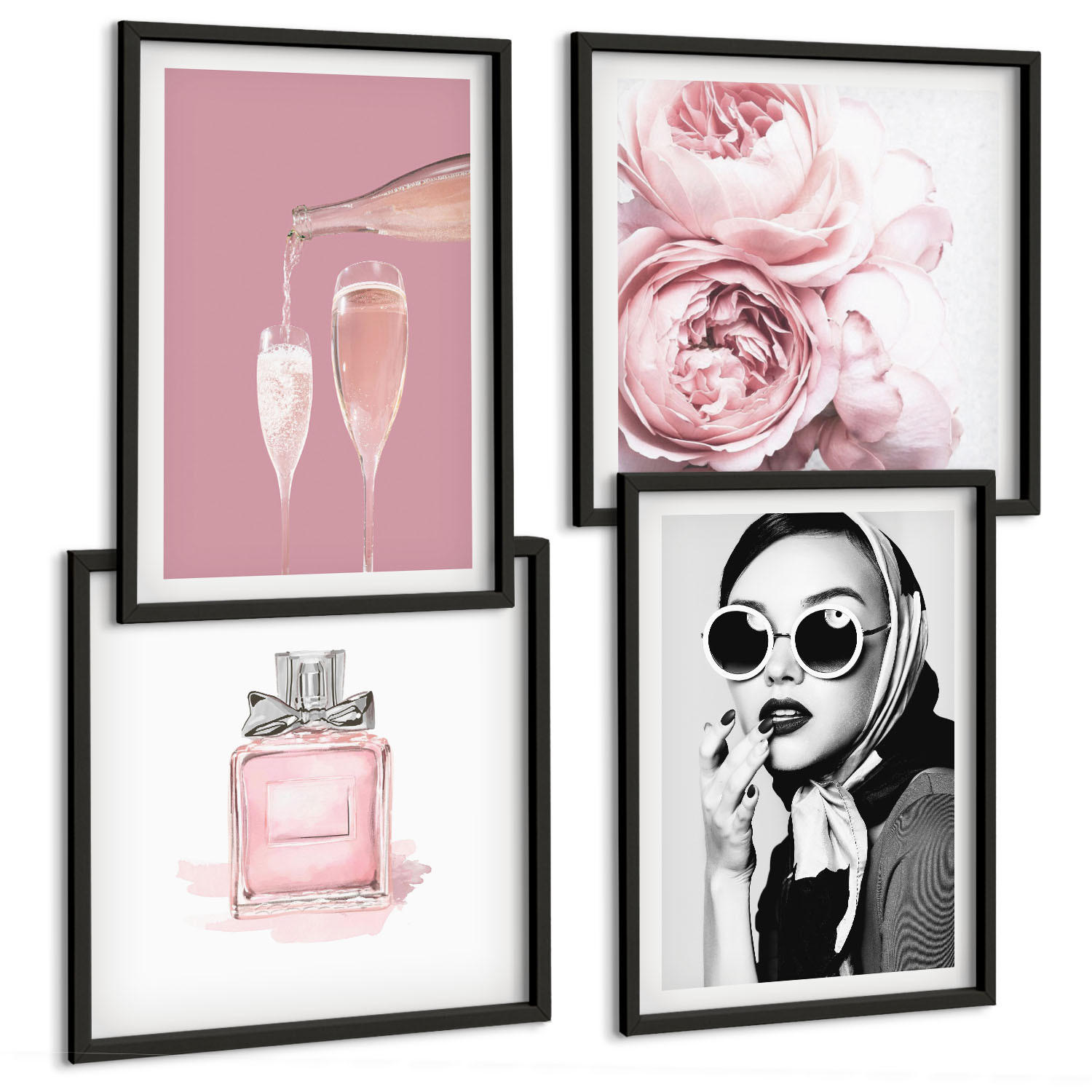 BILDER SET 4er Set - 50x50 cm & 40x60 cm Schwarzer Rahmen - Stilvolle pinkfarbene Accessoires - Schwarz, Kunststoff (50/50cm) - TULUP