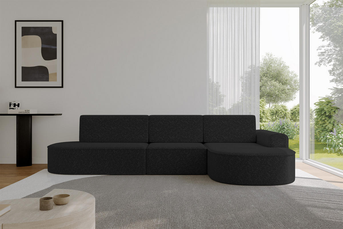 ECKSOFA mit Schlaffunktion Ottomane RECHTS MARI L2-S 368X167X85 Schwarz Velours - Schwarz Hochglanz/Schwarz, Holzwerkstoff/Kunststoff (167/368cm) - ALTDECOR