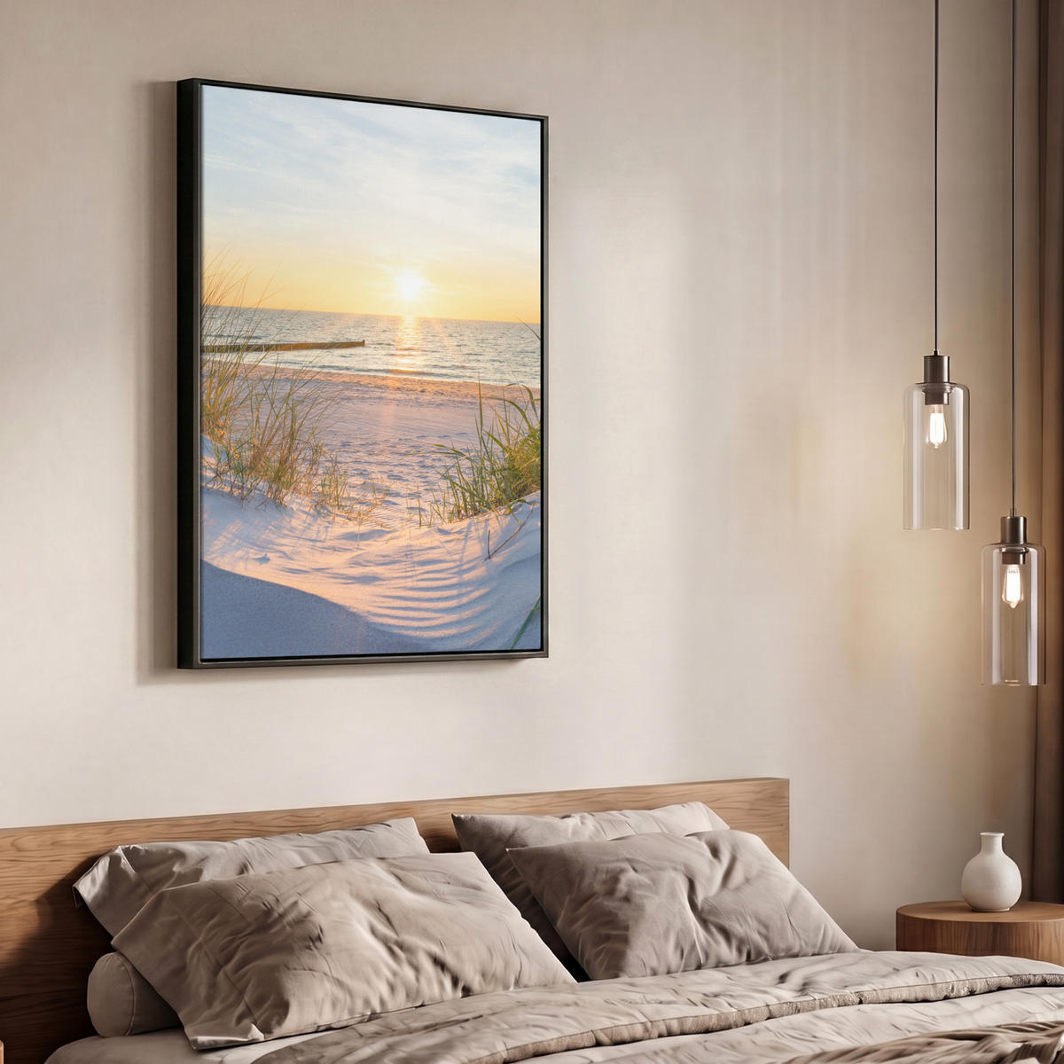 LEINWAND Bilder mit Rahmen - Strand - Sonne - Düne - Gras - Sand - Horizont - 70x100 - Hellblau, Textil (70/100cm) - MuchoWow