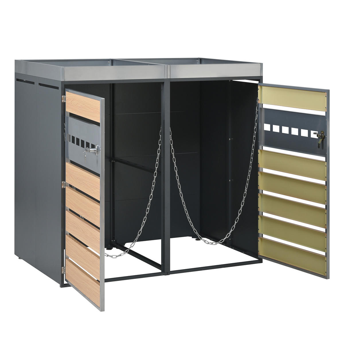 MÜLLTONNENBOX Zwei Türen Holzmaserung/Grau - Braun, Metall (132/124.5/80cm) - ComfortXL