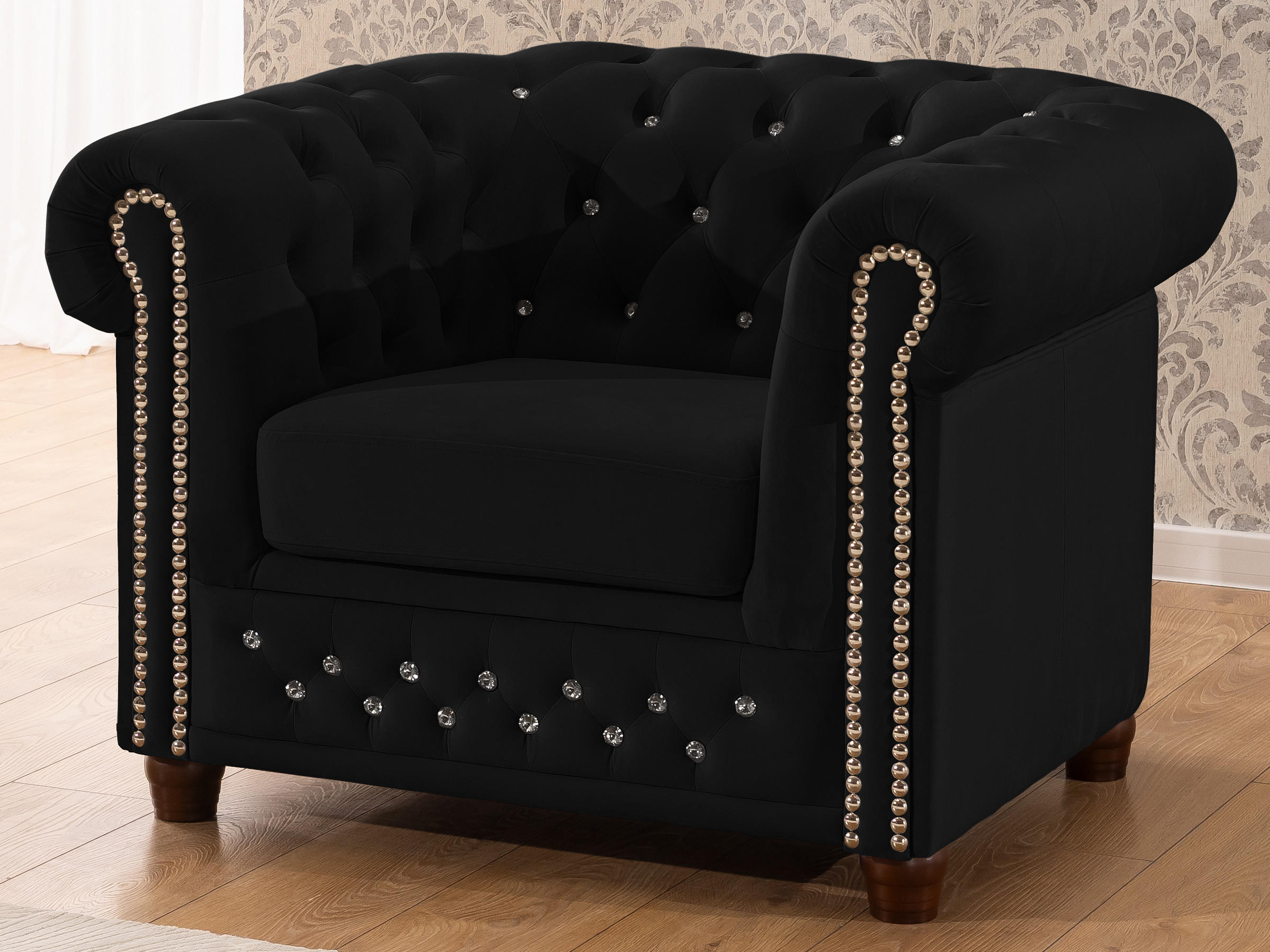 CHESTERFIELD-SESSEL Cleo Blink Schwarz Samt mit Kristallsteppung und braunen Massivholzfüßen - Beige/Schwarz, Holz/Textil (104/72/86cm) - S-Style Möbel