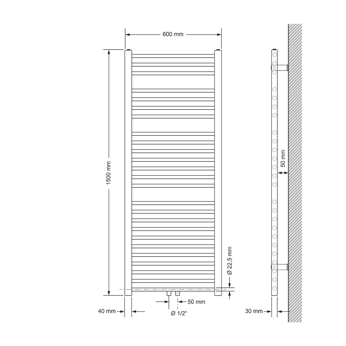 KOUPELNOVÉ těleso Sahara 600 × 1500 mm, antracitové, rovné, se středovým připojením - antracitová, kov (60/150/3cm) - LuxeBath
