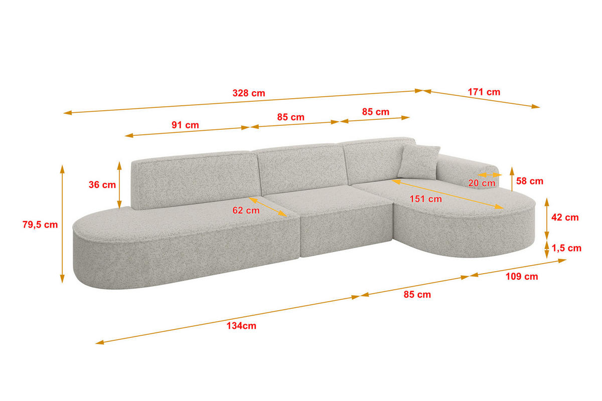 ECKSOFA Ottomane Rechts MARI-L2 - 328x171x79 cm Hellgrau Tissu - Hellgrau/Schwarz, Holzwerkstoff/Kunststoff (171/328cm) - ALTDECOR