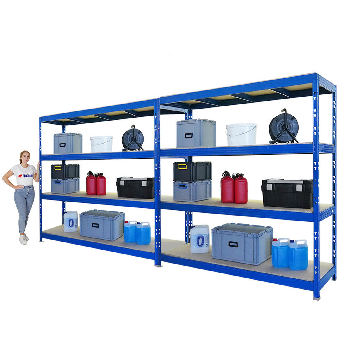 SCHWERLASTREGAL Rhino 2er-Set 200x200x60 cm 4 Spanplatten-Ebenen 16mm Fachlast 500 kg Blau - Blau, Metall (400/200/60cm) - PROREGAL