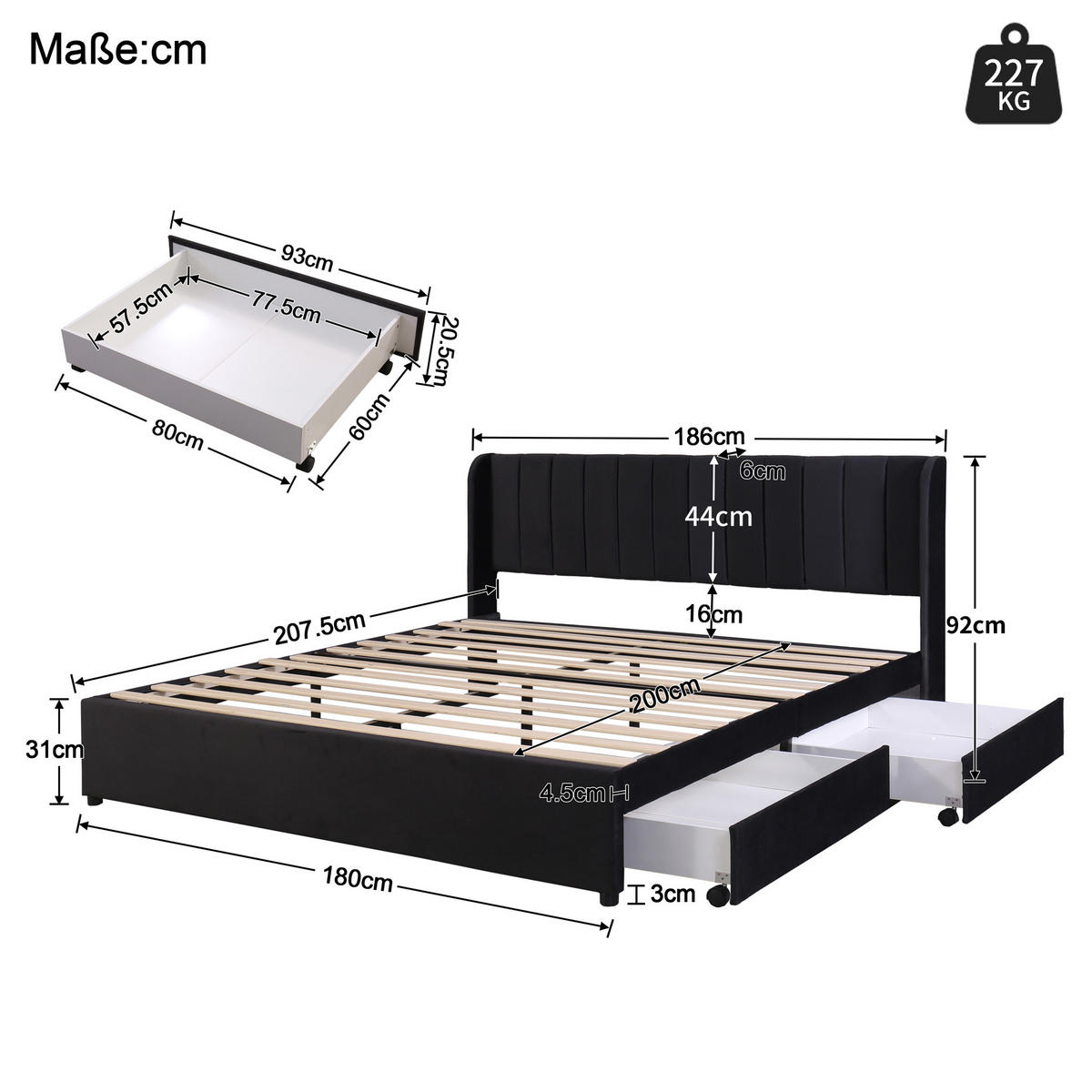 POLSTERBETT 180/200 cm in Schwarz Samt mit 2 Schubladen - Schwarz, Holz/Textil (180/200cm) - KOMHTOM