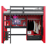 HOCHBETT 90x200 cm in Schwarz-Rot mit Schreibtisch, Kleiderschrank und LED-Beleuchtung - Schwarz, Holz (90/200cm) - IVMEU
