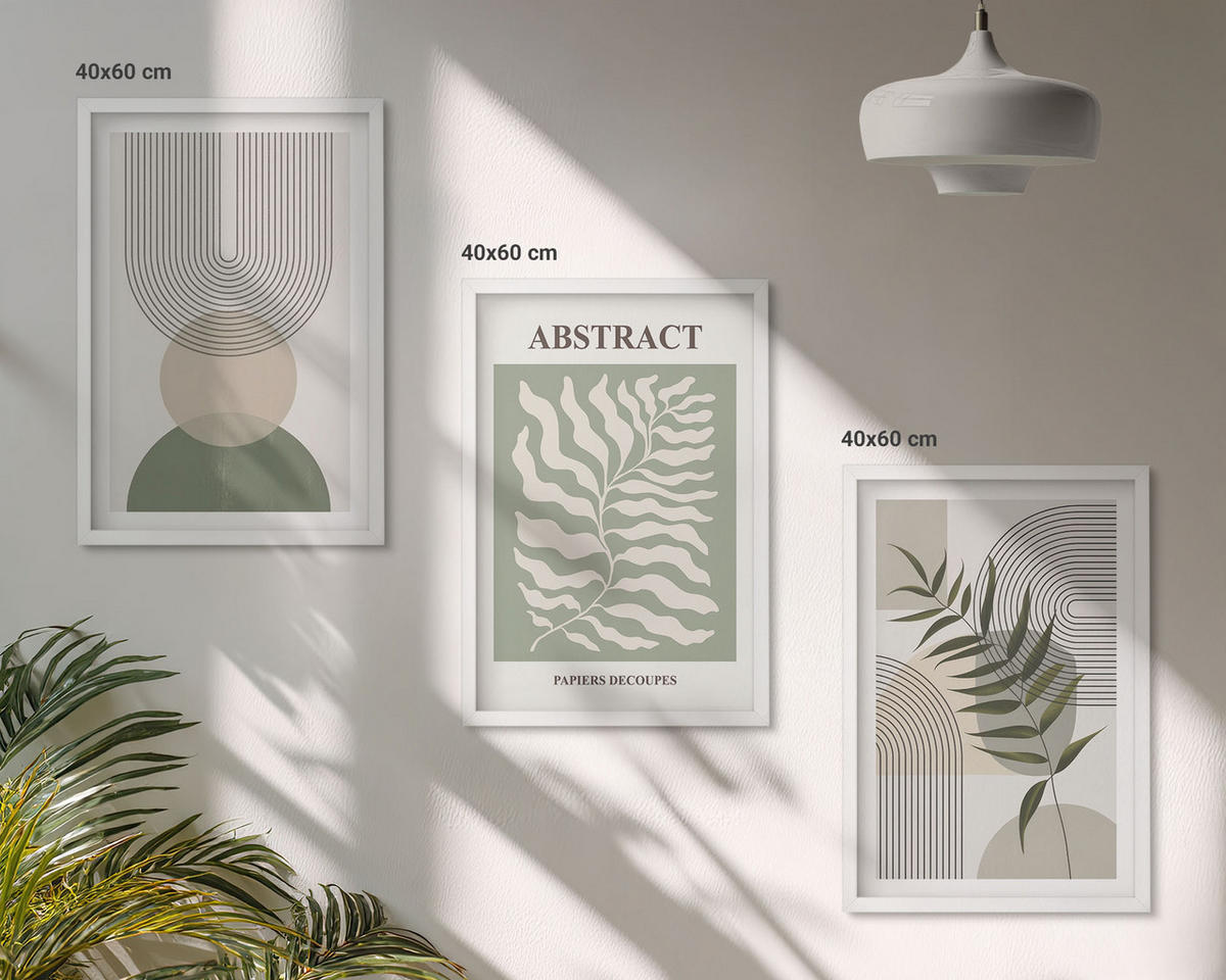 BILDER SET 3er Set - 40x60 cm Weißer Rahmen - Botanische Boho-Abstraktionen - Weiß, Kunststoff (40/60cm) - TULUP