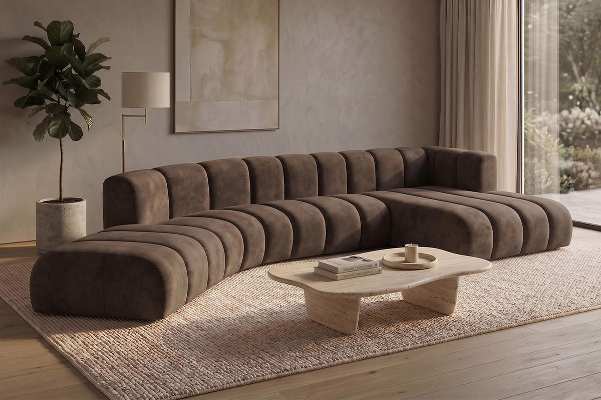 ECKSOFA Modulares In L-Form, Velvet-Stoff Riviera, Braun, Rechts, GRAND Round - Braun, Holz (445/179cm) - Kaiser Möbel