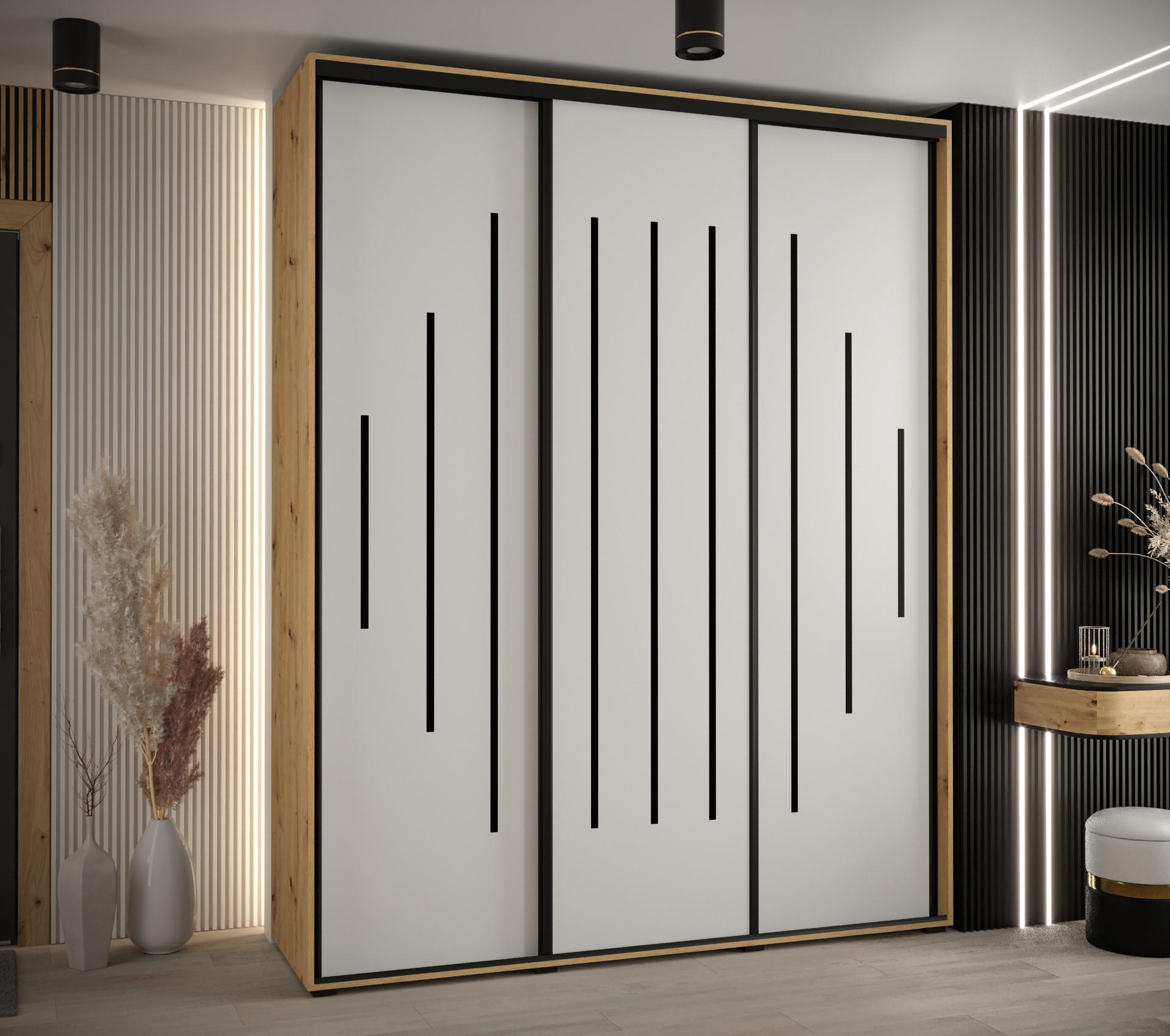 SCHWEBETÜRENSCHRANK 235,2/190/60 3-türig - Schwarz/Eiche Artisan, Holz/Metall (190/235/60cm) - Abiks Möbel