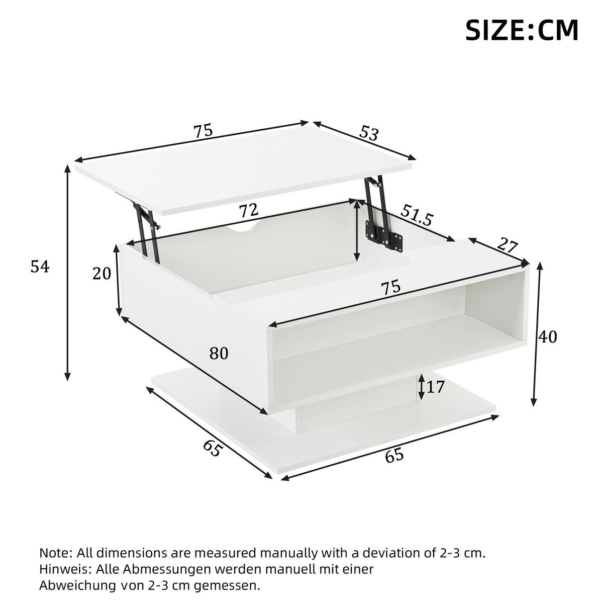 KAVNI stol 80/75/40 cm bel, dvižni z LED in shranjevalnim prostorom - bela, leseni material (80/75/40cm) - BEAOK